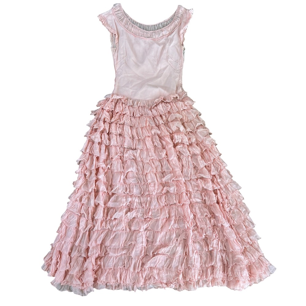 Vintage 1950s Pink Chiffon Tiered Ruffle Gown Princess Prom Formal Maxi Dress XS